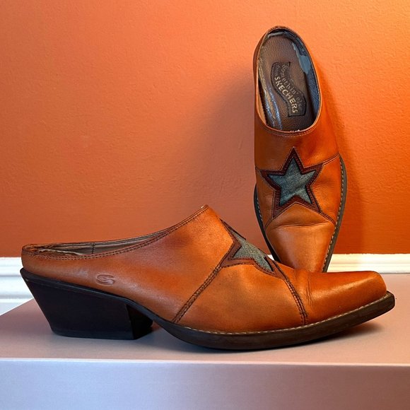 SKETCHERS -  Leather Y2K Western Boot Slides with denim star detail - Size 8 - Picture 1 of 11